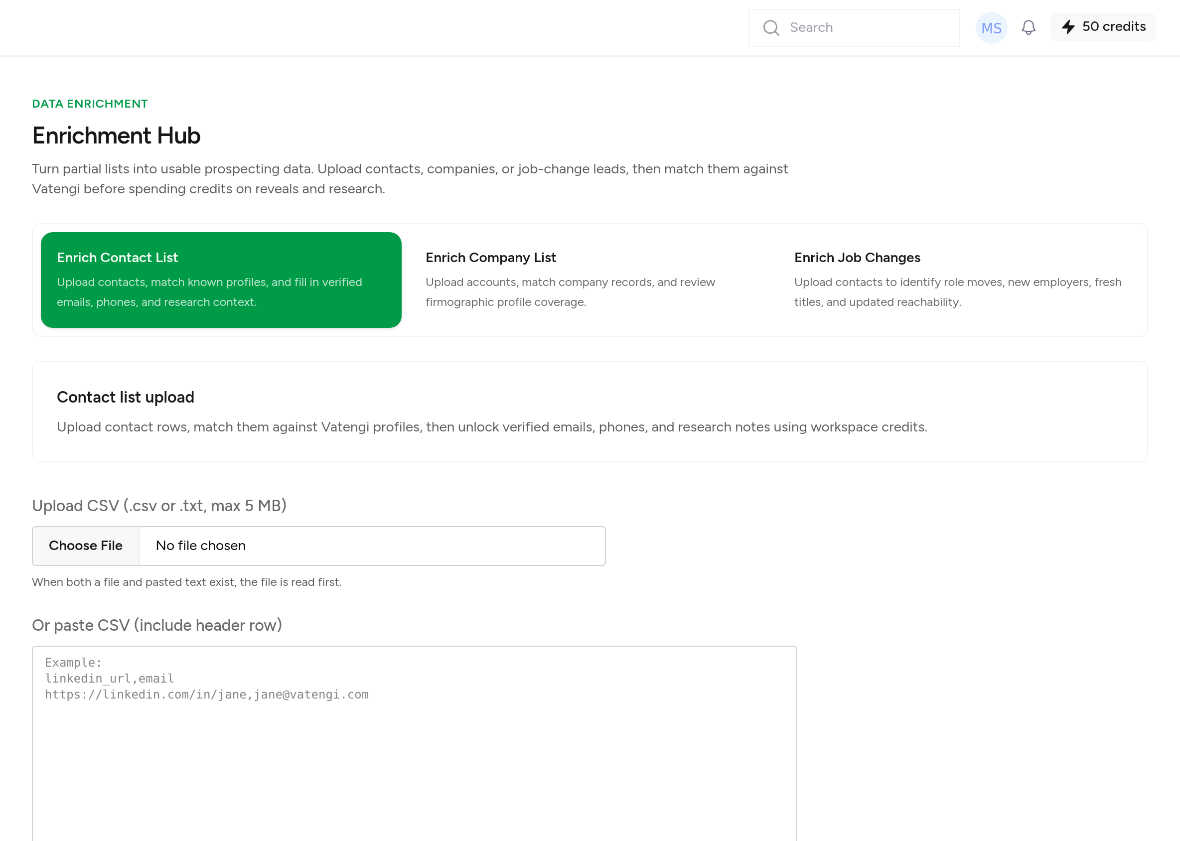 Vatengi Data Enrichment — upload and enrich contact lists